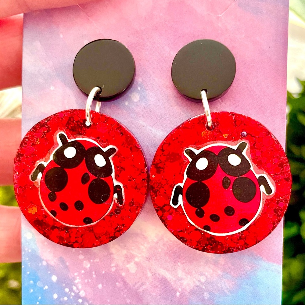 Acrylic Ladybug Dangle Earrings